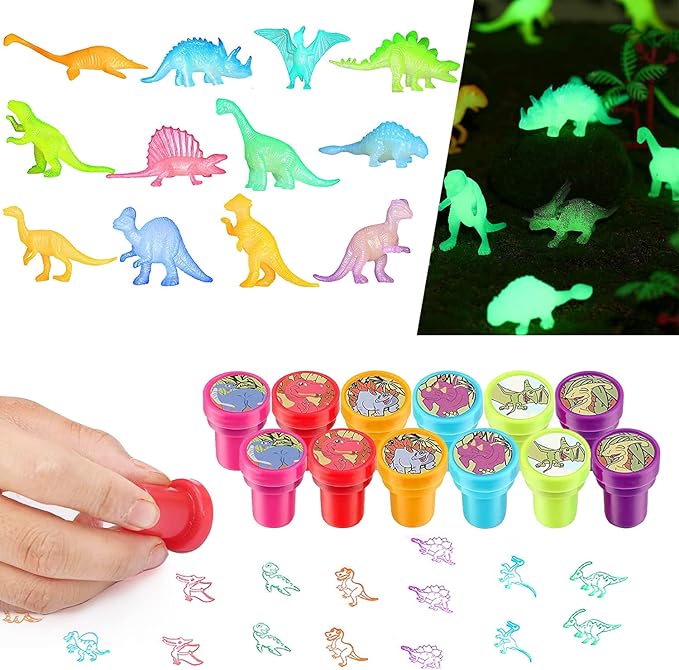 MOVINPE Dinosaur Party Favors 12 Pack 84 pcs Prefilled Goody Bags with Gift Tags, Filled with Dinosaur Themed Stampers Luminous Dinos Figure Slap Bracelets Keychains Rings 3D Stickers for Kids