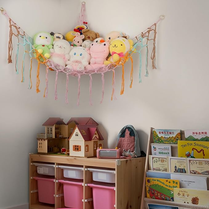 Boho Stuffed Animals Net or Hammock Large,55 inch Toy Hammock Macrame Stuff Animal Storage Corner Hanging Net Holder,Mesh Hammock Plush Toy Organizer with Hooks for Bedroom,Nursery (colorful)