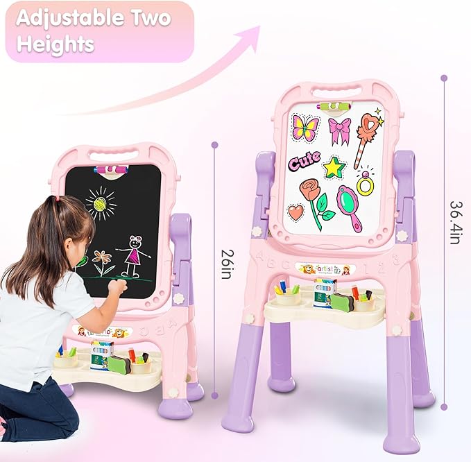 Easel for Kid, Double Sided Kids Art Easel with Magnetic Chalkboard & White Board, Adjustable Standing Painting Drawing Board for Toddler, Education Gift Toy for Boy Girls Age 3, 4, 5 (Pink+Puple)