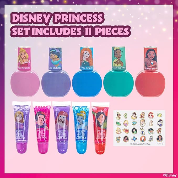 Disney Princess Sparkly Cosmetic Makeup Set for Girls with Lip Gloss Nail Polish Nail Stickers - 11 Pcs|Perfect for Parties Sleepovers Makeovers Birthday Gift for Girls 3+