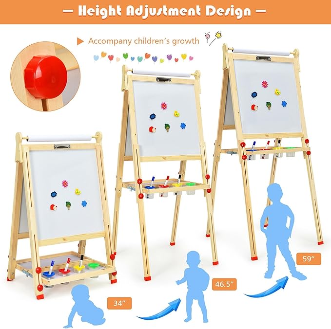EAQ Easel for Kid,Height Adjustable Wooden Art Easel,Whiteboard Chalkboard with Paper Roll Holder,Letters and Numbers Magnets and Other Accessories Best Birthday Gift for Kids