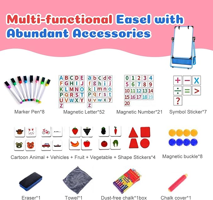 Kids Easel Double-Sided Art Easel with Paper Clip Height Adjustable Whiteboard & Chalkboard 360°Rotating Standing Art Easel for Kids Gift for Boys and Girls Toys for Ages 2-4