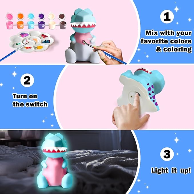 FUNZBO 4.3in Paint Your Own Dinosaur Lamp - Arts and Crafts Supplies Painting Kit for Kids Teens Adults, DIY Toys for Toddler Boy Girl Age 3 4 5 6 7 8 9 10 11 12 Birthday Easter Valentine Holiday Gift