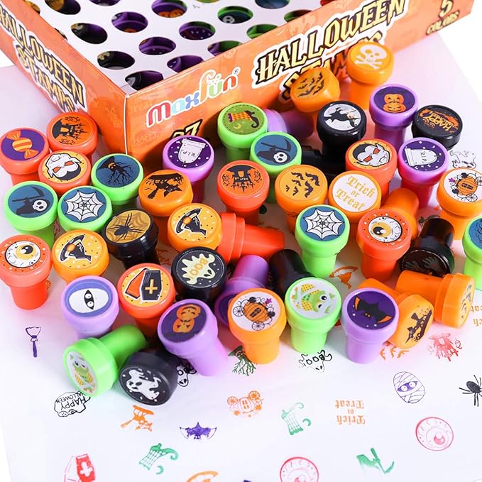 Max Fun 108Pcs Halloween Assorted Stamps ( 27 Designs, 5 Colors Trick or Treat Stamps ) for Kids Halloween Party Favors Supplies, Goodies Bags, Classroom Game Reward Prizes (Halloween Stamper)