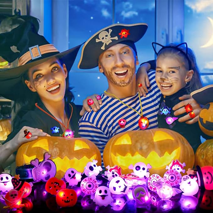 32Pcs Halloween Light Up Ring Necklaces Bracelets Toys Halloween Party Bag Fillers for Kid Adult Glow in the Dark Non Candy Gift Bags