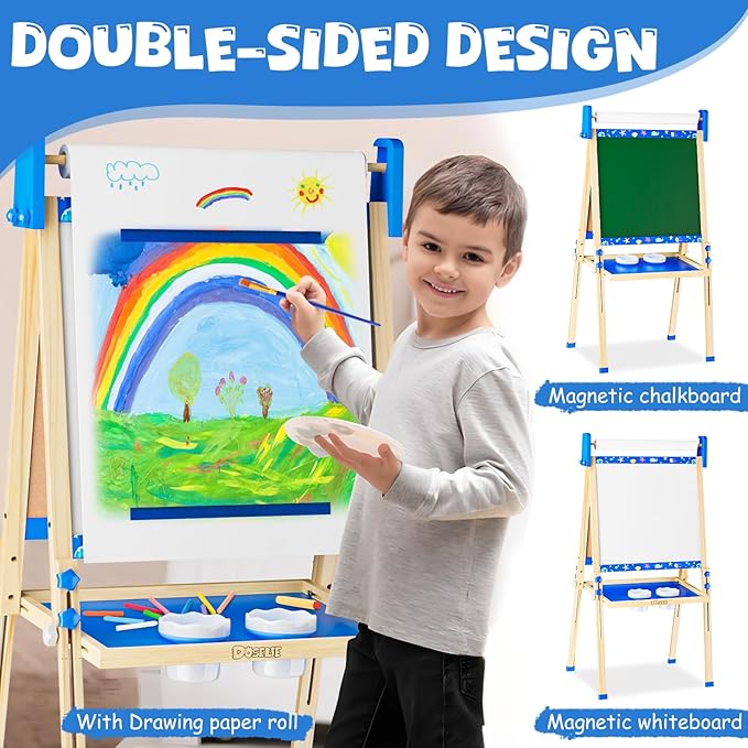 Easel for Kids,Adjustable Wooden Toddler Art Easels, Boys Toys for Ages 5-7,Magnetic White Board and Chalk Board with Art Supplies, 3 4 5 6 7 8 9 10 Year Old Boys Birthday Gift