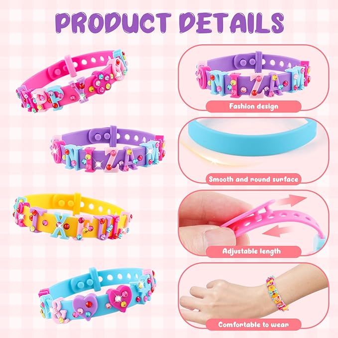 Kids Silicone Bracelets with Rhinestone Stickers - Adjustable Letter Rubber Bracelets Wristbands, Boys Girls Dress Up Jewelry Accessories Party Favors Decoration Birthday Gifts for Ages 6 7 8
