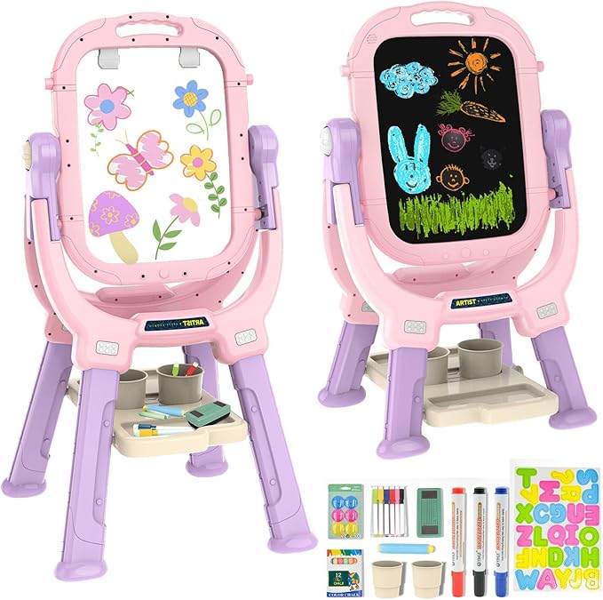 Easel for Kids, Toddler Art Easel Adjustable Standing, Magnetic Double Sided Easel with Painting Accessories Gift for Boys and Girls