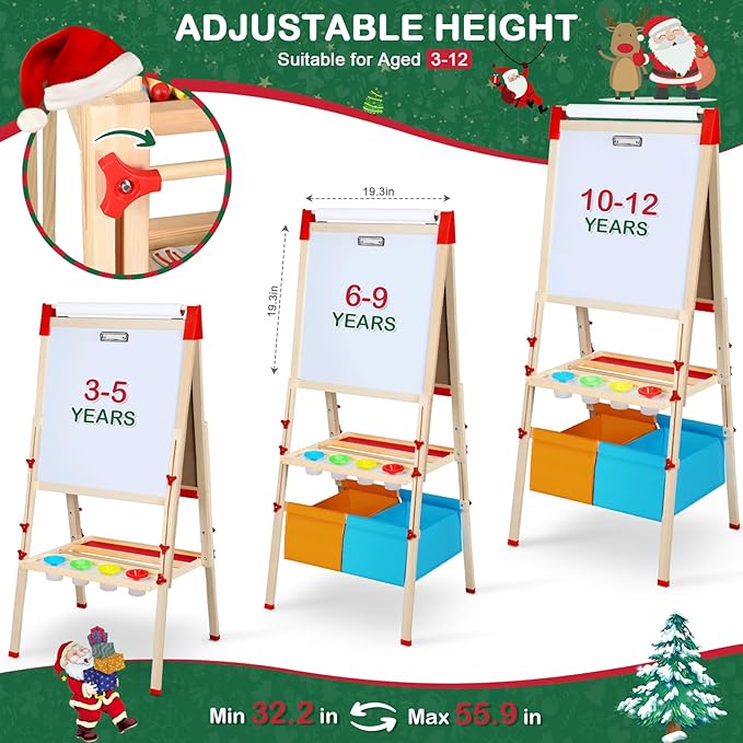 Easel for Kids Art Easel for Kids Ages 4-8,Kids Easels Wooden Kid Easel with Paper Roll, Adjustable Magnetic Double Sided Easel for Toddlers 2-4 Years - All in one Kids Art Easel