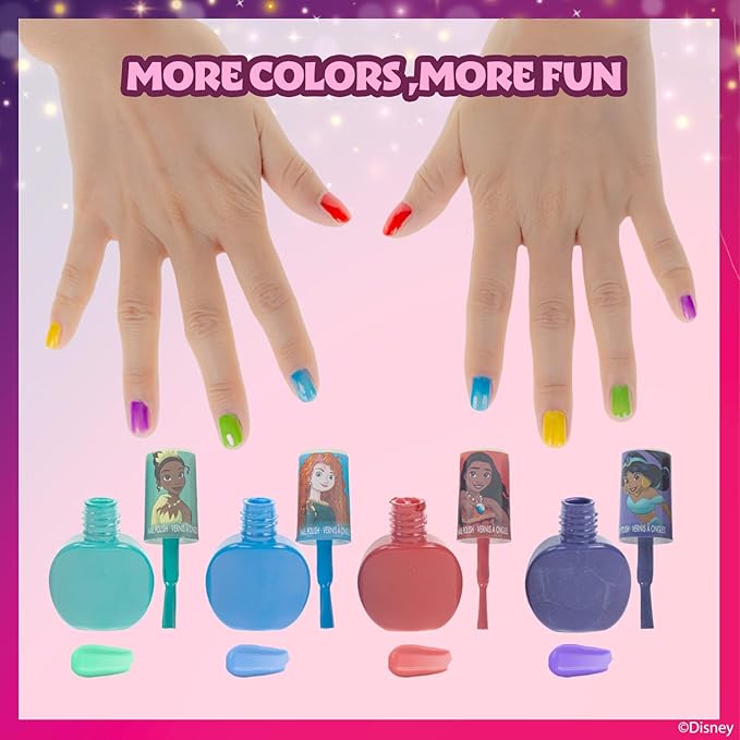 Disney Princess Sparkly Cosmetic Makeup Set for Girls with Lip Gloss Nail Polish Nail Stickers - 11 Pcs|Perfect for Parties Sleepovers Makeovers Birthday Gift for Girls 3+