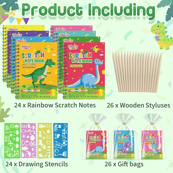 Party Favors Birthday Gifts for Kids: 24 Pack Scratch Art Notebook Party Favors for Kids Goodie Bags Stuffers Girls Boys Art Craft Kit Birthday Gifts for Classroom Prizes Christmas Gifts - Dinosaur