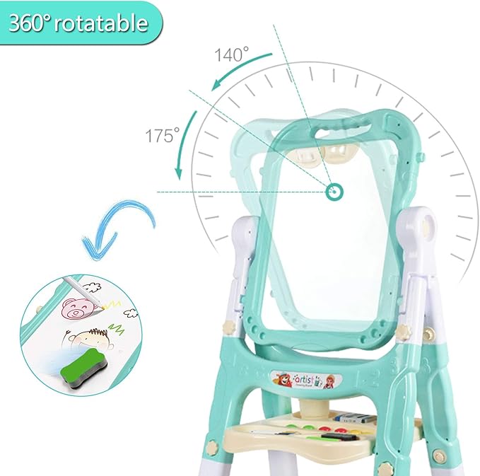 Easel for Kids,Rotatable Double Sided Easel for Kids Adjustable Standing Art Easel with Painting Accessories for Toddlers Boys and Girls-Green