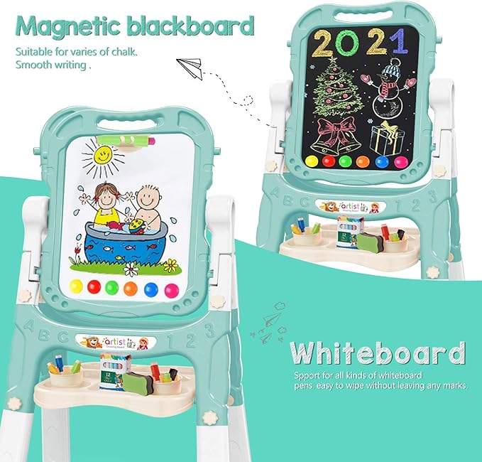 Easel for Kids,Rotatable Double Sided Easel for Kids Adjustable Standing Art Easel with Painting Accessories for Toddlers Boys and Girls-Green