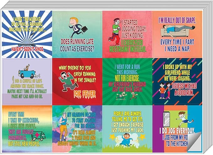 Creanoso Jogging and Exercising Funny Workout Jokes Stickers (10-Sheet) – Total 120 pcs (10 X 12pcs) Individual Small Size 2.1 x 2. Inches, Cool Themes Designs for Boys & Girls, Children, Teens