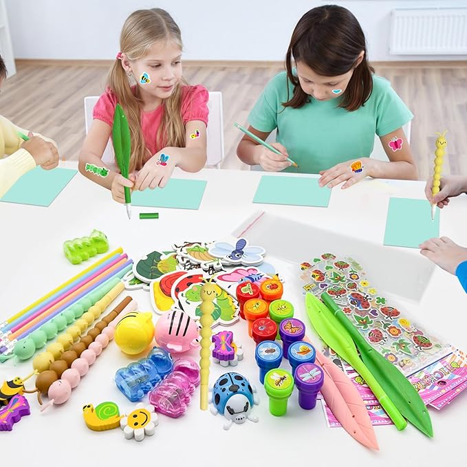 96 Pcs Insect Party Favors,Bug Bee Party Goodie Bags Fillers Bulk,Spring Insects Bug Game Pinata Gift Class Prizes Erasers Pens Pencils Stickers Stamps for School Birthday Spring Summer Party