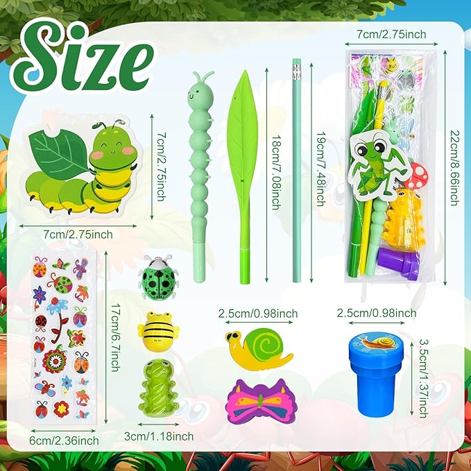 96 Pcs Insect Party Favors,Bug Bee Party Goodie Bags Fillers Bulk,Spring Insects Bug Game Pinata Gift Class Prizes Erasers Pens Pencils Stickers Stamps for School Birthday Spring Summer Party