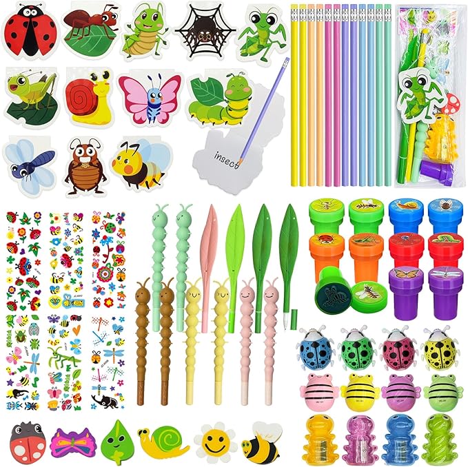 96 Pcs Insect Party Favors,Bug Bee Party Goodie Bags Fillers Bulk,Spring Insects Bug Game Pinata Gift Class Prizes Erasers Pens Pencils Stickers Stamps for School Birthday Spring Summer Party