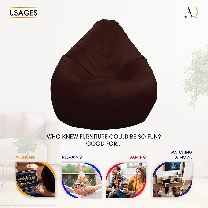 Ample Decor Bean Bag Cover (No Filling), Plush Toys Storage Soft Leatherette, Durable Construction Sturdy Zipper, Ideal for Children and Teenagers - Brown