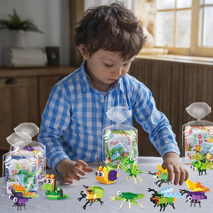 Erweicet Valentines Day Gifts for Kids 24 PCS Insect Building Blocks with Valentines Gift Cards for Kids Boys Girls Classroom Gift Exchange
