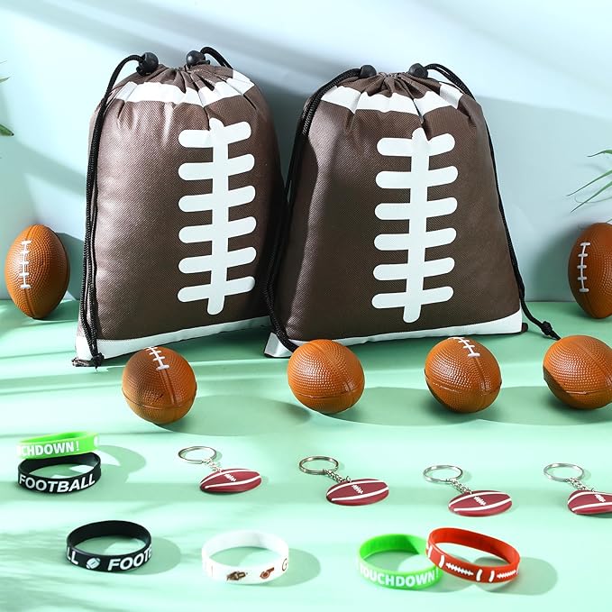 Nuogo 48 Pcs Football Party Favors Supplies Include 12 Pcs Football Goodie Bags 12 Pcs Football Bracelets 12 Pcs Football Stress Balls 12 Pcs Mini Football Keychain Birthday School Sport