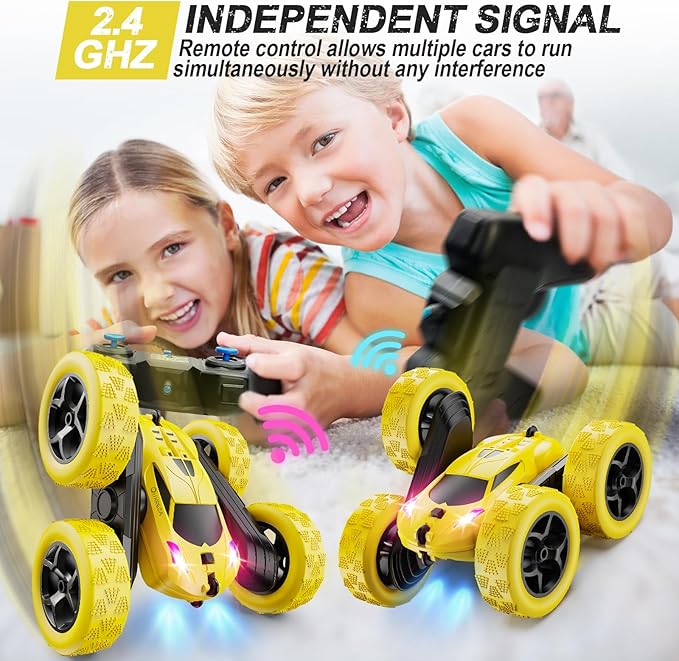 Remote Control Car, RC Car Toys for 6-12 Year Old Boys, Off Road RC Stunt Car 4WD 360° Rotating Remote Control Car for Kids, Boys Girls Gifts for Birthday, Christmas Yellow