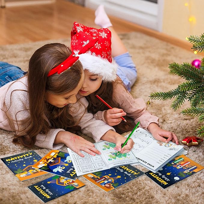 Nativity Activity Books for Kids - 24Pcs Christmas Mini Games Coloring Book Set Bulk Mazes Word Search Word Scramble Games for Xmas Holiday Party Goodie Bags Stuffers Sunday School Classroom Favors