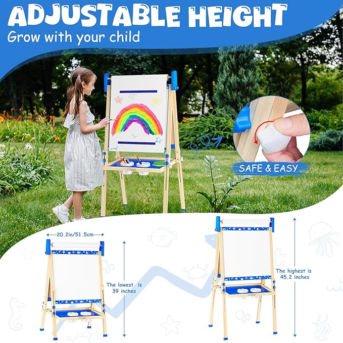 Easel for Kids,Adjustable Wooden Toddler Art Easels, Boys Toys for Ages 5-7,Magnetic White Board and Chalk Board with Art Supplies, 3 4 5 6 7 8 9 10 Year Old Boys Birthday Gift