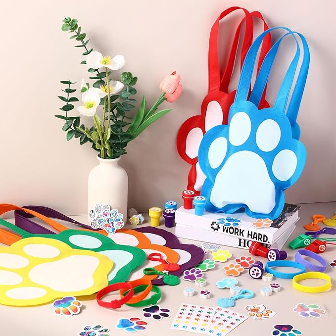 Skylety 266 Pcs Dog Paw Party Favors Supplies Gift Set Non Woven Gift Bags Whistle Stamper Keychain Silicone Bracelet Erasers Sticker Acrylic Brooch Puppy Themed Girl Boy Birthday Goodie Bag Filler