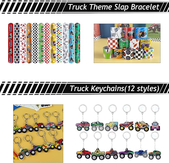 Monster Truck Party Favors Set, monster truck birthday decorations including 7 Types 84 Pcs Drinking Straws Gift Bags Mini Pull Cars Keychains DIY Stickers Temporary Tattoos Slap Bracelet