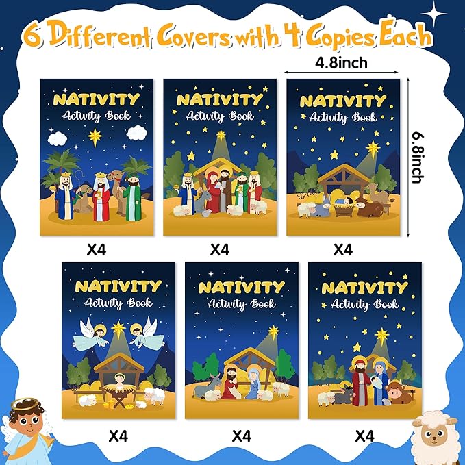 Nativity Activity Books for Kids - 24Pcs Christmas Mini Games Coloring Book Set Bulk Mazes Word Search Word Scramble Games for Xmas Holiday Party Goodie Bags Stuffers Sunday School Classroom Favors