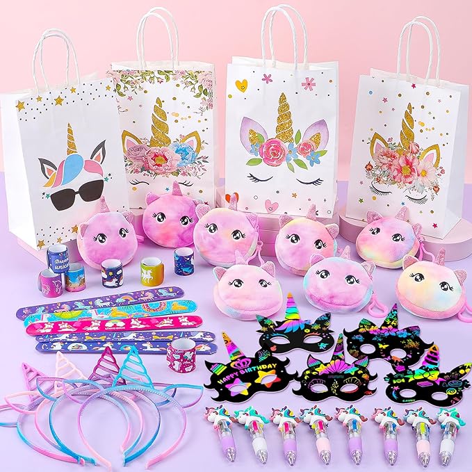 Unicorn Party Favors Birthday Supplies, Unicorn Goodie Bags Coin Purse Ballpoint Pen Scratch Mask Headband Slap Bracelet, Unicorn Birthday Party Favors Classroom Rewards Gift Decorations for Girl
