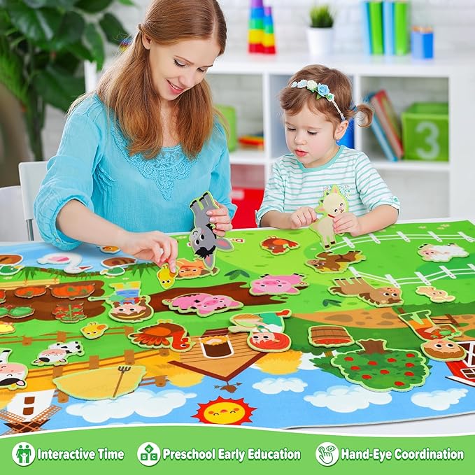 Dr.Rapeti Farm Animals Felt Story Board Set 41PCS Preschool Farmhouse Barnyard Theme Busy Board Story Set Storytelling Early Learning Interactive Play Kit Wall Hanging for Toddlers Kids Children