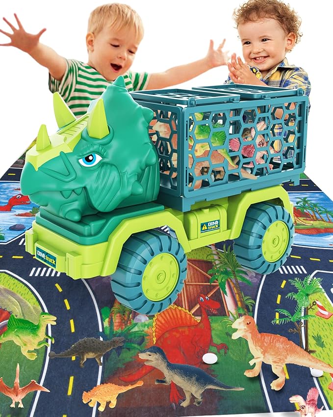 HONGID Dinosaur Truck Toys for Kids 3-5, Triceratops Car Toy with 15 Dino Figures,Large Activity Play Mat, Dinosaur Eggs, Dinosaur Play Set for Boys and Girls,Christmas Xmax,Stocking Stuffers