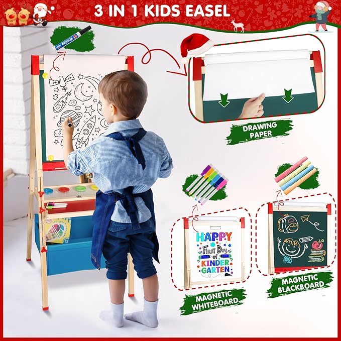 Easel for Kids Foldable Art Easels for Toddlers-Adjustable Standing Wooden Drawing Easel with Paper Roll-Magnetic Double Sided Whiteboard & Chalk board-130+pcs Accessories Easel for Kids 2-4 4-8 9-12