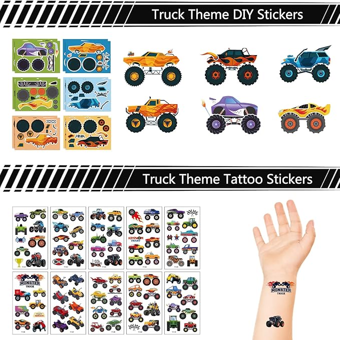 Monster Truck Party Favors Set, monster truck birthday decorations including 7 Types 84 Pcs Drinking Straws Gift Bags Mini Pull Cars Keychains DIY Stickers Temporary Tattoos Slap Bracelet