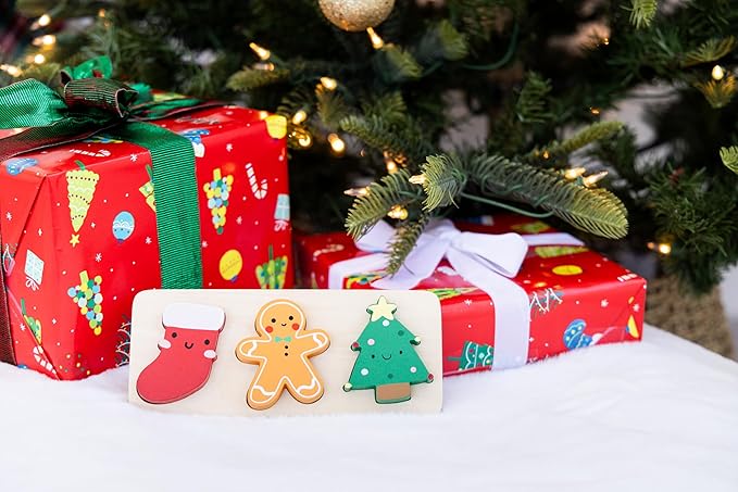 Pearhead 3 Piece Wooden Holiday Puzzle, Kids Christmas Puzzle, Holiday Puzzle Stocking Stuffer, Christmas Toys for Children, Holiday Toy Ideas, 3 Piece Set