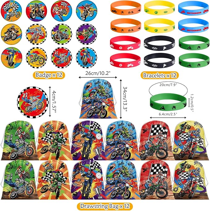 Dirt Bike Party Favor Supplies, Including Motorcycle Theme Boy Motocross Bags Drawstring Goodie Treat Bags Wristbands Badge, for Motocross Theme Kids Birthday Party Gift