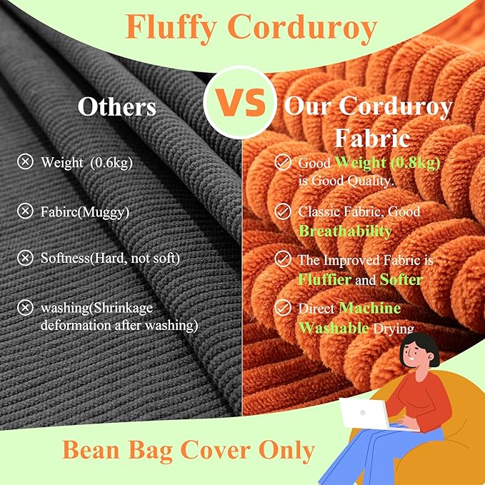Large Stuffed Animal Storage Bean Bag Chair (No Filler), 3 ft Giant Heavy Soft Corduroy Bean Bag Cover for Kids Teens & Adults,Round Fluffy Sofa for Home Living Room Bedroom College Dorm
