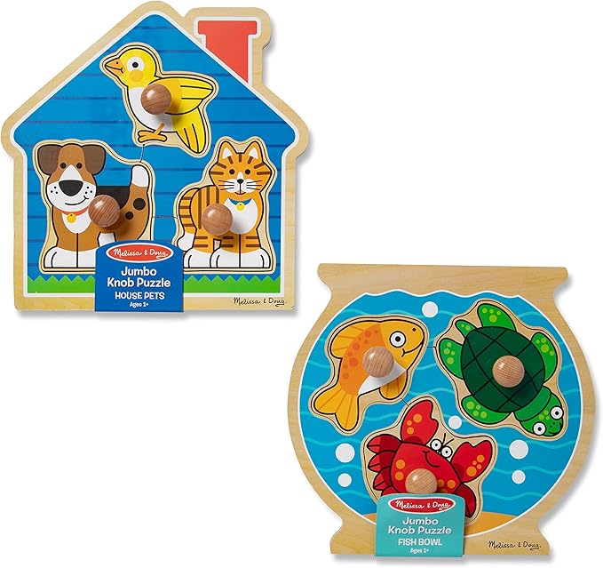 Melissa & Doug Animals Jumbo Knob Wooden Puzzles Set - Fish and Pets - Chunky Wooden Puzzles for Toddlers, Animal Puzzles For Kids Ages 1+