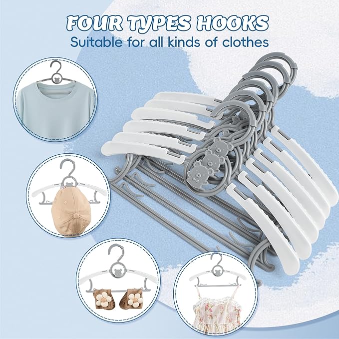 Baby Hangers 60 Pack Kids Hangers-Extendable Adjustable Non-Slip Plastic Kid Hangers for Closet,Stackable Baby Clothes Hangers for Toddler Kids Children Infant Teen,Grey Bear Toddler Hangers