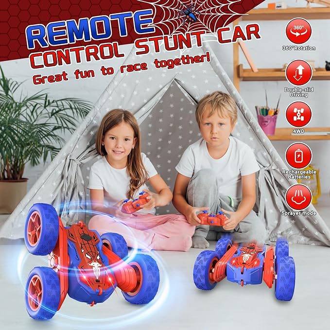 Spider Remote Control Cars for Kids,Double Sided 360° Flips Rotating 4WD Off Road Racing RC Car, RC Stunt Car Toys for Girls Boys Age 4 5 6 7 8 9 10,Perfect Kids Toys Gifts on Birthday (Red)