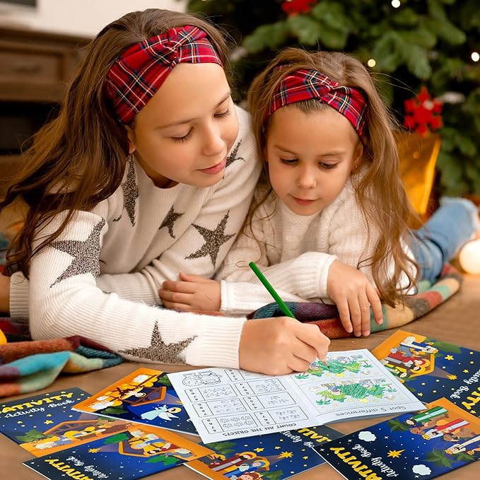 Nativity Activity Books for Kids - 24Pcs Christmas Mini Games Coloring Book Set Bulk Mazes Word Search Word Scramble Games for Xmas Holiday Party Goodie Bags Stuffers Sunday School Classroom Favors