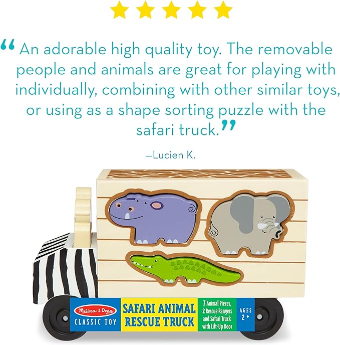 Melissa & Doug Animal Rescue Shape-Sorting Truck - Wooden Toy With 7 Animals and 2 Play Figures -Vehicle Toys For Toddlers