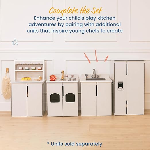 ECR4Kids Play Kitchen Storage Cupboard, Wooden Playset, White Wash