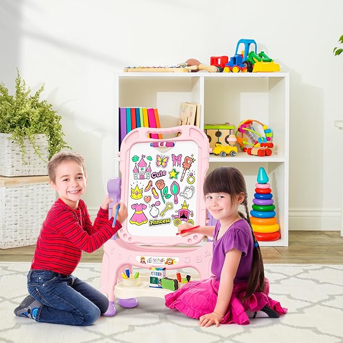 Easel for Kid, Double Sided Kids Art Easel with Magnetic Chalkboard & White Board, Adjustable Standing Painting Drawing Board for Toddler, Education Gift Toy for Boy Girls Age 3, 4, 5 (Pink+Puple)