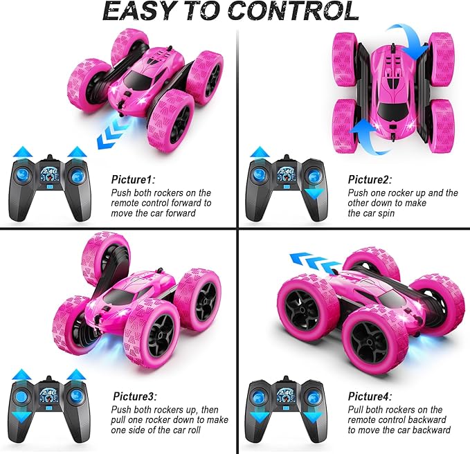 RC Cars, Rose Remote Control Car for Girls, 2.4 GHZ Double Sided RC Stunt Car 360° Rotating Remote Control Crawler with Headlights Car Toys for 6 7 8 9 10 11 12 Girls Birthday