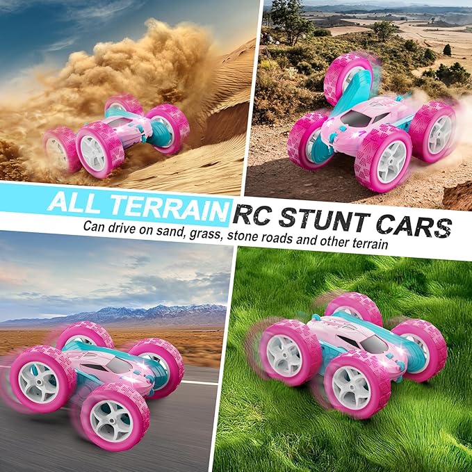 RC Cars, Pink Remote Control Car for Girls, 2.4 GHZ Double Sided RC Stunt Car 360° Rotating Remote Control Crawler with Headlights Car Toys for 6 7 8 9 10 11 12 Girls Birthday