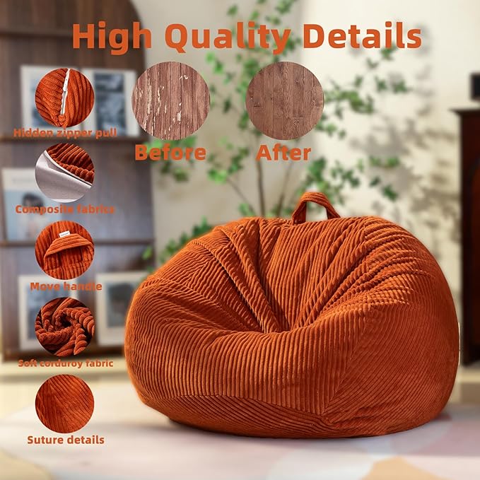 Large Stuffed Animal Storage Bean Bag Chair (No Filler), 3 ft Giant Heavy Soft Corduroy Bean Bag Cover for Kids Teens & Adults,Round Fluffy Sofa for Home Living Room Bedroom College Dorm