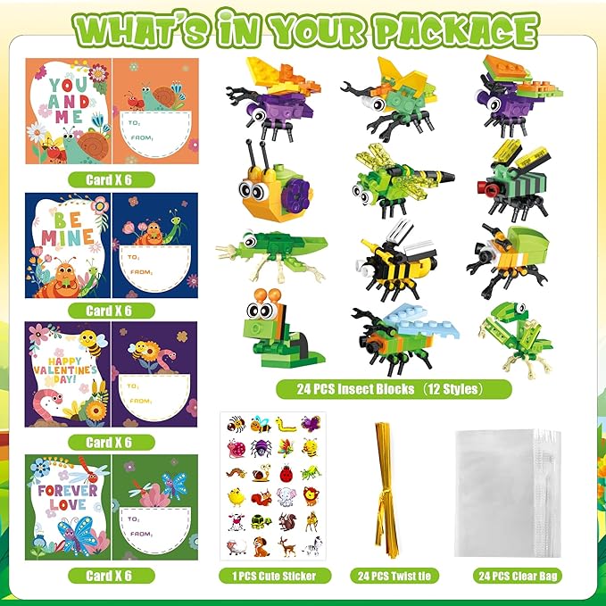 Erweicet Valentines Day Gifts for Kids 24 PCS Insect Building Blocks with Valentines Gift Cards for Kids Boys Girls Classroom Gift Exchange