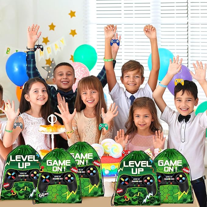 Nosiny 72PCS Video Game Party Favors Birthday Include 24 Video Game Goodie Drawstring Bags 24 Silicone Bracelet 24 Controller Keychain for Kids for Party Supplies (Green, Vivid)